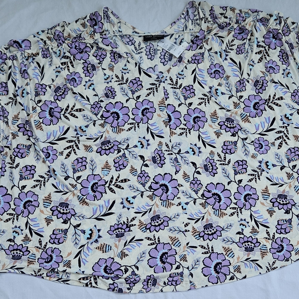 Lane Bryant Floral Blouse Cream Purple Ruffle Sleeve V-Neck Plus Size NWT, 34/36 - Picture 10 of 14